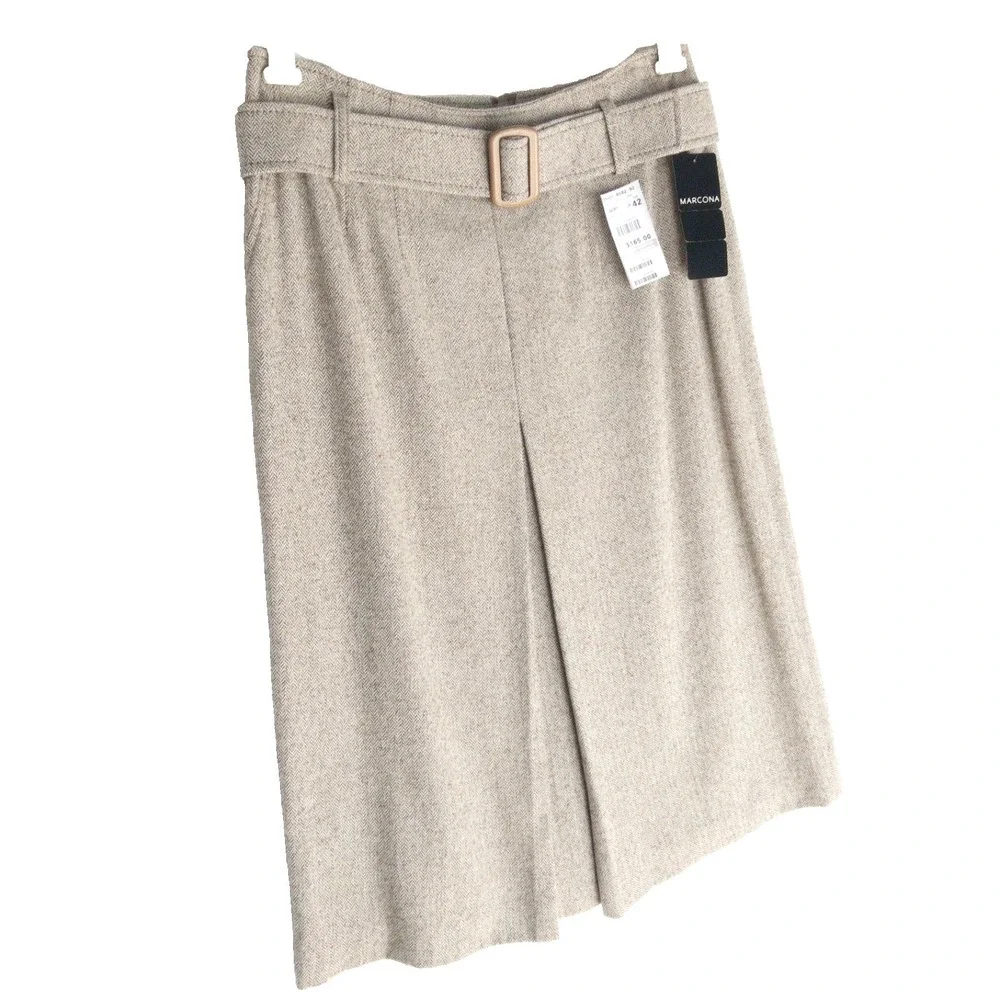 Vintage Marcona Wool Herringbone CBK Belted Pleated Euro Skirt Women 12 NWT $165 - Picture 2 of 16